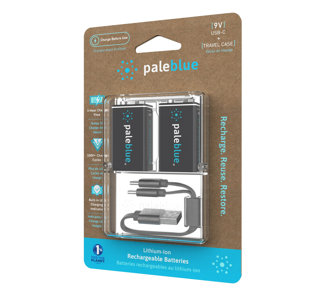 Pale Blue Earth PB9VC Pale Blue Lithium Ion Rechargeable 9V Batteries 2pk