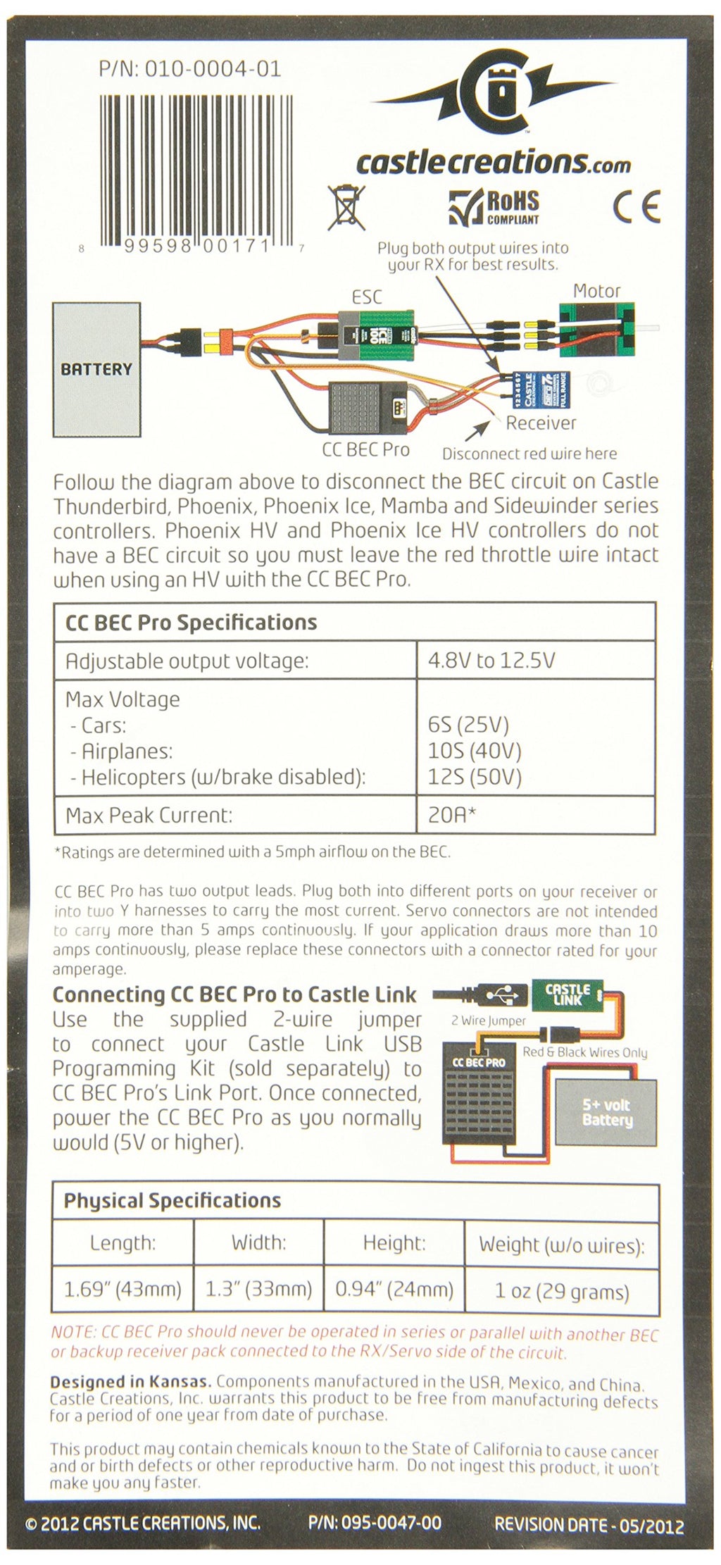 Castle Creations 010-10004-01 BEC PRO 20A Max Output 12S Max Switching Regulator
