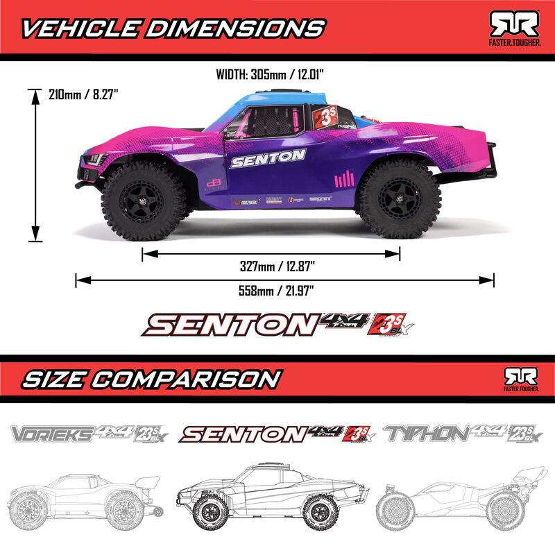 Arrma ARA4303V4T2 1/10 SENTON 223S DSC 4X4 RTR Brushless Short Course Truck, Red